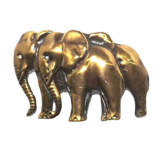 Laloon Belt Buckle Signed Mom & Baby Elephant Bronze tone Crystal Eyes Vintage